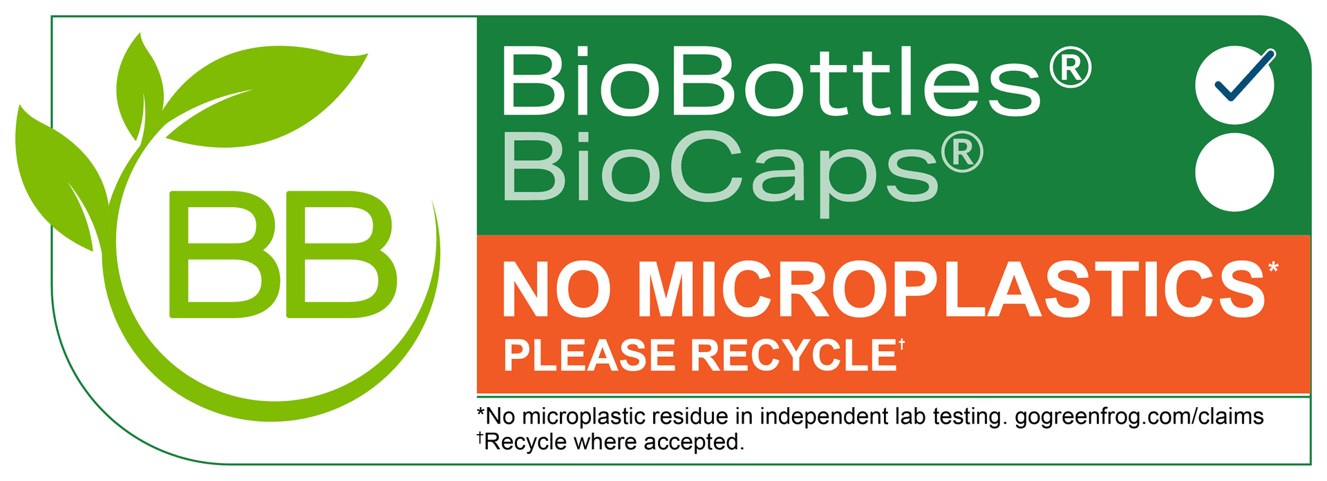 BioBottles® badge — No microplastics. Please recycle.