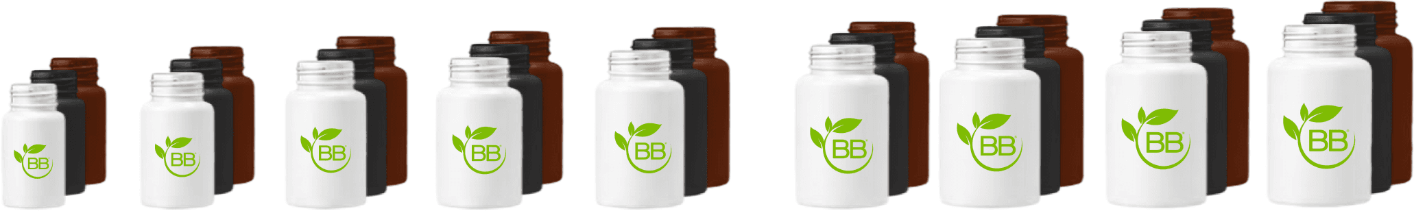 BioBottle sizes from 100cc to 400cc in white, black, and amber