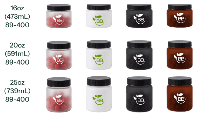 Frosted wide-mouth canisters in 16oz, 20oz and 25oz sizes, shown in frosted, white, black and amber brown
